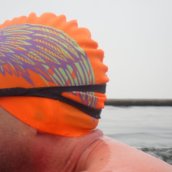 Swim cap - "Winged Messenger" by Nancy Farmer - angel wing design.  Open water swimming, wild swimming, boyfriend or girlfriend gift