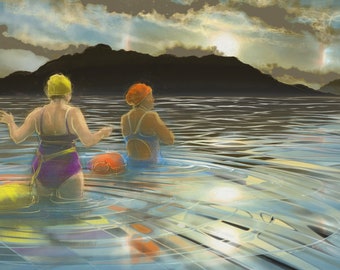 May include: Two people wearing swim caps are in a body of water. The water is calm and reflects the sky. The sky is cloudy and has a golden glow. There is a mountain range in the background.