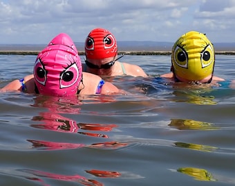 Long hair size - &quot;Eye Spy&quot; - swim hat by Nancy Farmer. Open water & pool swimming cap.