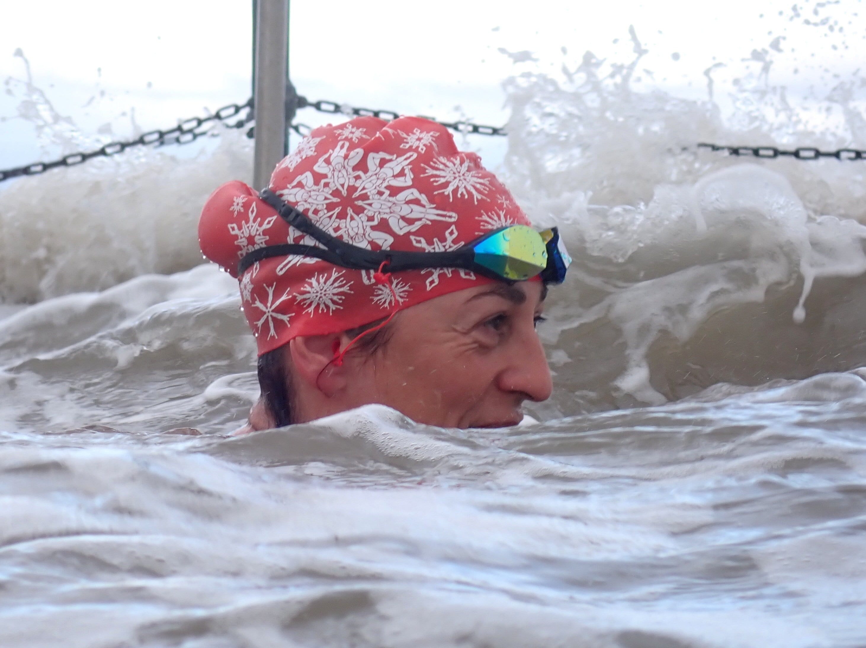Long hair swimming hat "Swimflakes"  by Nancy Farmer - on high quality silicone - snowflake synchronized swimmers on a swim cap