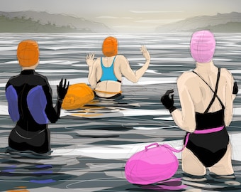 Art print: "It's Still Colder in Ullswater!" - wild swimming at sunrise in Cumbria. Open water swimming. Large wall art or small gift size.