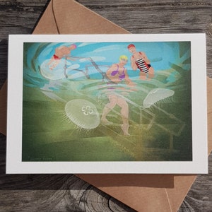 greetings card:  “Summer Visitors” - Swimming with Moon Jellyfish at Clevedon marine lake by Nancy Farmer