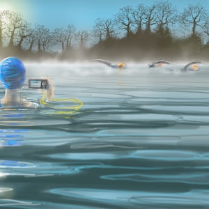 biglietto di auguri: nuoto invernale, 'Last Swim of 2016', nuoto all'aperto, triathlon, Vobster. Disegno di Nancy Farmer