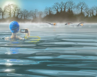 greetings card: winter swimming, 'Last Swim of 2016', outdoor swimming, triathlon, Vobster. Drawing by Nancy Farmer