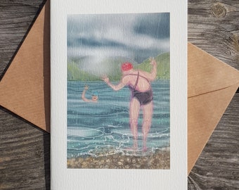 greetings card, birthday, mother's day: 'Swimming with Mother' - art card, open water swimming, wild swimming, ice swimming