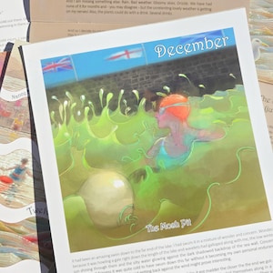 Op de afbeelding: Een gedrukte illustratie getiteld December en The Mosh Pit met een zwemmer in een feloranje badmuts en zwembril in felgroen water. Een grote, gladde, bleke bol drijft in de voorgrond bij een donkere stenen muur.