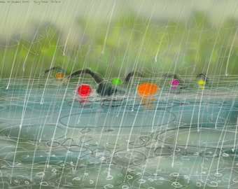 Nancy Farmer print - "Nice Weather for (Rubber) Ducks" - open water swimming in the rain, swimming art, triathlon race, wetsuit swimmers.