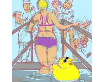 greetings card: swimming in cold water - 'The Duck Says...'. Clevedon Swimmers, Open Water, funny swimmers