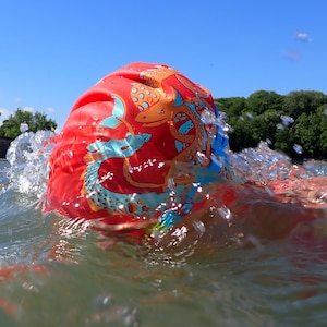 May include: A red swim cap with a koi fish design is partially submerged in water, creating a splash. The cap features orange and blue accents. The background shows a clear blue sky and green trees.