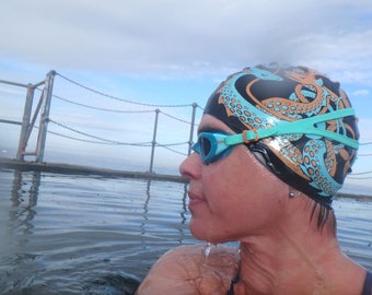 Sea Dragons - Nancy Farmer swimming hat / swim cap. Orange & Turquoise print on a choice of backgrounds. Open water swimming.