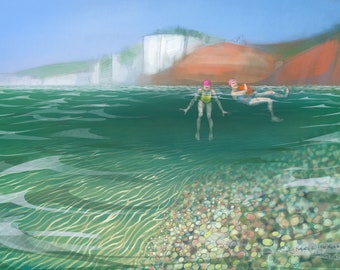 Art print by Nancy Farmer - "Big Rocks, Little Rocks, Sand" - Sea swimming at Seaton.