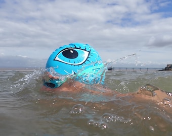 Standard size - "Eye Spy" - swim hat by Nancy Farmer. Open water & pool swimming cap.