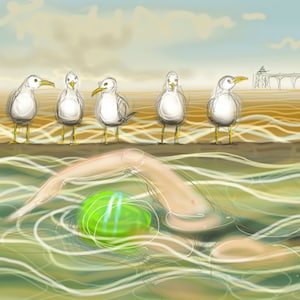 Art print by Nancy Farmer - &quot;A Swim Before Barney the Storm&quot; - open water swimming at Clevedon Marine Lake with the seagulls