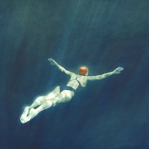 Underwater swimmer against a dark background, swimming painting by Nancy Farmer