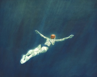 Into the Blue - by Nancy Farmer. Art print from a painting. Open water swimming, wild swimming. Underwater swimmer.