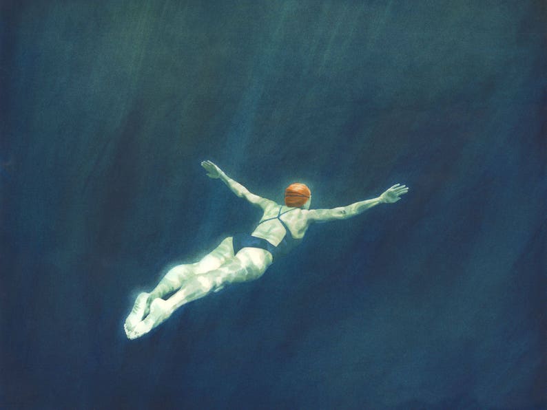 Underwater swimmer against a dark background, swimming painting by Nancy Farmer