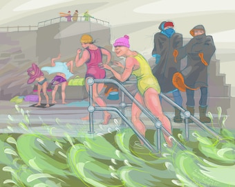 Art print by Nancy Farmer - “An Excellent Day for Reverse-Faffing” - open water swimming in winter, in Clevedon Marine Lake