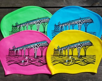 Long Hair Size - Clevedon Pier swim hat designed by Nancy Farmer. CLASS Clevedon Lake and Sea Swimmers hat