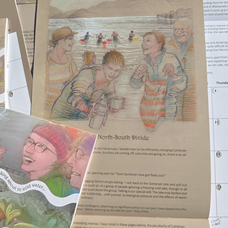 Op de afbeelding: Een bedrukte pagina met een kleurpotloodillustratie van mensen bij een meer, met de tekst North-South Divide. De afbeelding toont personen met een thermoskan en een gestreept badpak, terwijl een andere illustratie mensen laat zien.