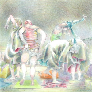May include: A drawing of four people changing clothes. The people are drawn in a realistic style using coloured pencils. The people are wearing a variety of clothing, including a red shirt, a green shirt, a blue shirt, and a brown shirt. The people are standing on a beach.