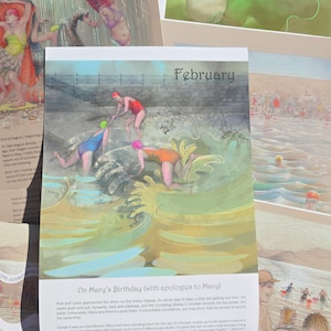 Op de afbeelding: Een kalenderpagina getiteld February met een illustratie van drie zwemmers in theebruin water. Een zwemmer in een rood badpak helpt een ander in een blauw badpak, terwijl een derde in een oranje badpak voorover leunt. Tekst: On Mary's Birthday.