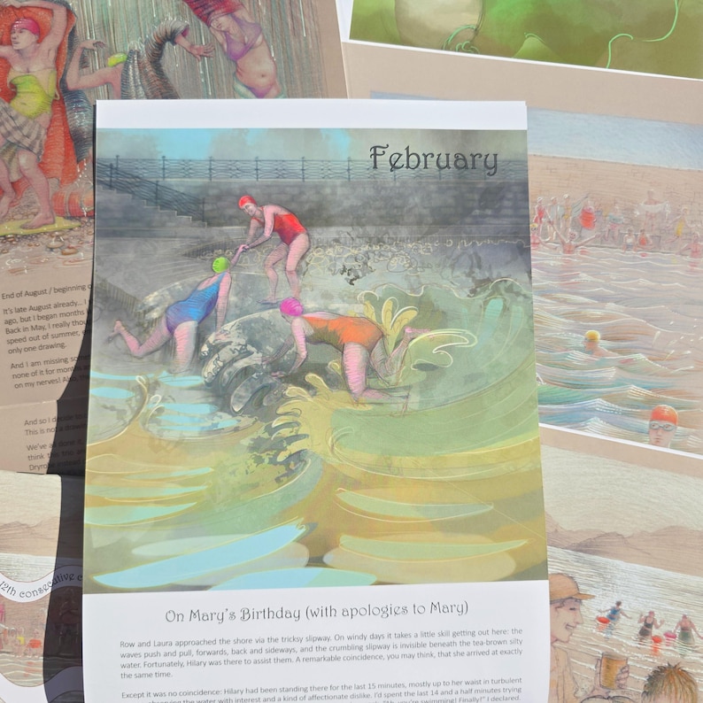 Op de afbeelding: Een kalenderpagina getiteld February met een illustratie van drie zwemmers in theebruin water. Een zwemmer in een rood badpak helpt een ander in een blauw badpak, terwijl een derde in een oranje badpak voorover leunt. Tekst: On Mary's Birthday.