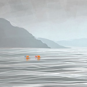May include: A misty, grey landscape with a mountain range in the background and a calm body of water in the foreground. Three small orange buoys float on the water.