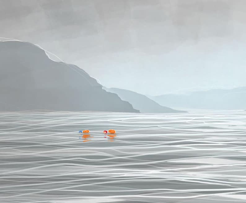 May include: A misty, grey landscape with a mountain range in the background and a calm body of water in the foreground. Three small orange buoys float on the water.