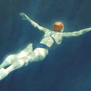 Wild swimmer gliding underwater- detail from a painting by Nancy Farmer