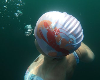 Beach Lobsters swim hat designed by Nancy Farmer - standard size high-quality silicone swiming cap.