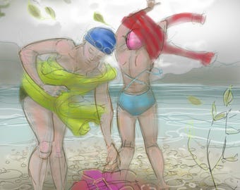 Art print by Nancy Farmer: "It was Summer, only just now..." - Open water swim, wild swim in Cumbria, Lake District. Dressing in the wind.