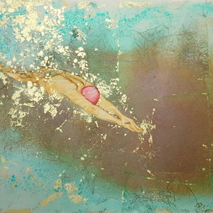 Art print - &#39;Bubbles II&#39; - swimmer diving in, seen from underwater. From a painting by Nancy Farmer. Contemporary style, pool art, lake swim