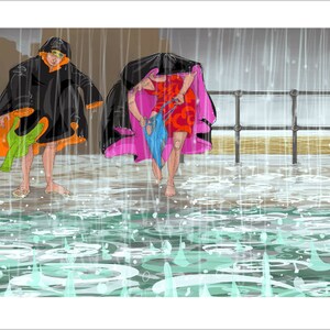 Wenskaart open water zwemmer, door Nancy Farmer: 'A Lake that was Wetter than Usual': openluchtzwemmen, Clevedon Marine Lake.