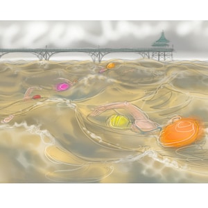 biglietto di auguri: nuotare tra le onde alte - 'Of Tides and Tow-Floats'. Clevedon Swimmers, Open Water, nuotatori divertenti