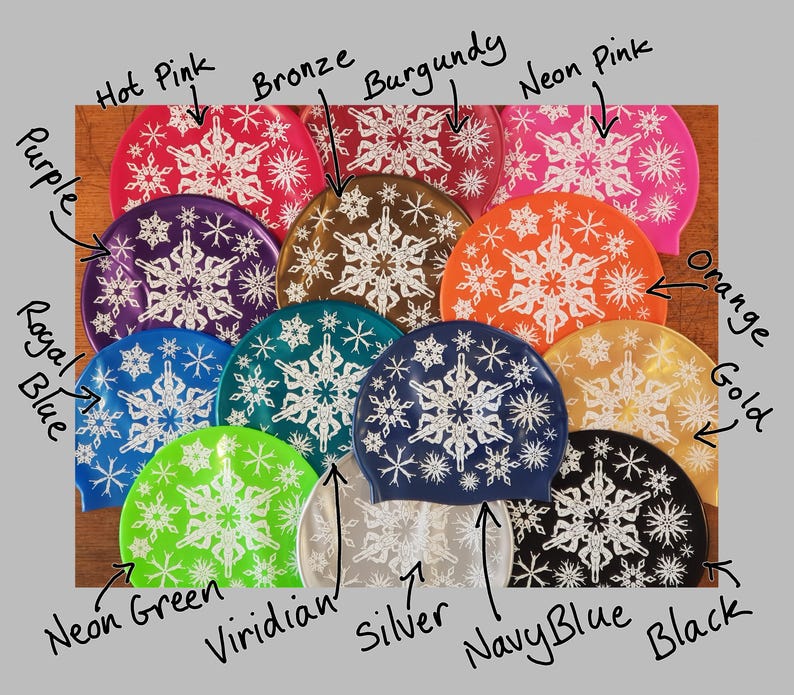 May include: Twelve silicone swim caps in various colours with a snowflake pattern. The colours include purple, royal blue, neon green, viridian, silver, navy blue, black, orange gold, bronze, burgundy, hot pink, and neon pink.