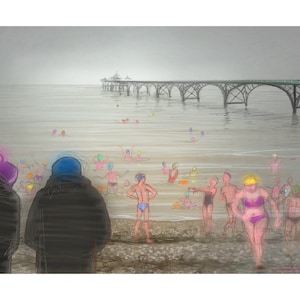 wenskaart: “Nieuwjaarsdag 2020”. Clevedon Pier, Bristol Channel-zwemmers, open water, winterzwemmers