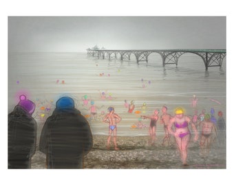 greetings card:  “New Year’s Day 2020”. Clevedon Pier, Bristol Channel Swimmers, Open Water, winter swimmers
