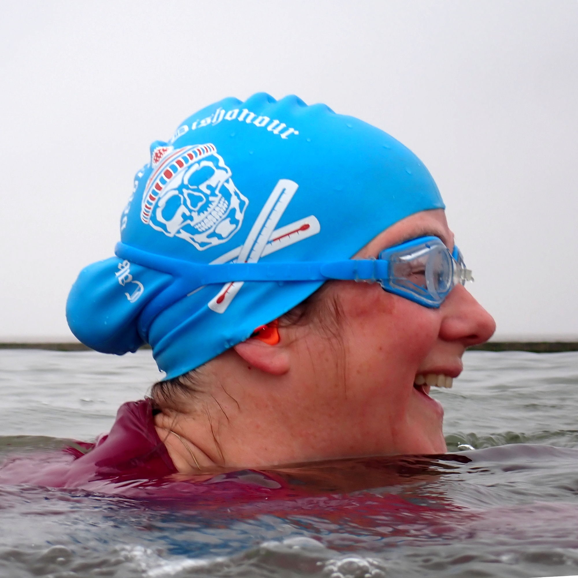 Long hair size - "Cake Before Dishonour" - winter swim hat / pirate swimming hat by Nancy Farmer. Skull and Crossbones