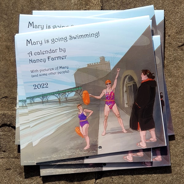 Swimming calendar for 2022 by Nancy Farmer - "Mary is going Swimming" - art for swimmers