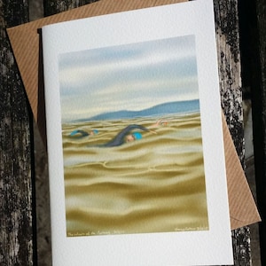 Wenskaart open water zwemmer: "The Colors of the Morning" - kunstkaart, zeezwemmen, triatlon. Tekening door Nancy Farmer