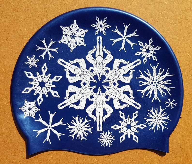 May include: A blue and white swimming cap featuring a snowflake design. The snowflakes are formed from stylised figures of people.