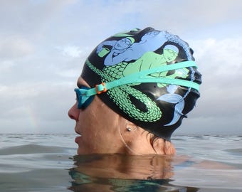 Nancy Farmer mermaids swimming hat - "Sea Cake" - swim cap, standard size. Open water swimming, pool swimming. Gifts for swimmers.