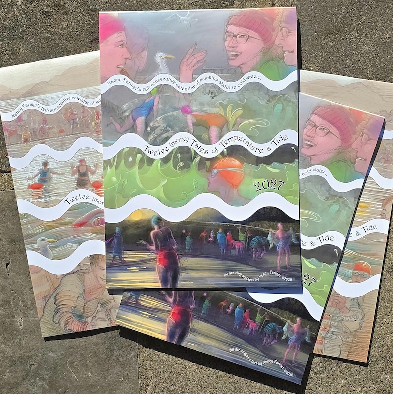 Op de afbeelding: Een wandkalender voor 2027 getiteld Twelve (more) Tales of Temperature & Tide, met illustraties van mensen die in koud water zwemmen, badkleding en mutsen dragen, met golvende witte randen en de tekst Honey Farmer's 12th consecutive calendar.
