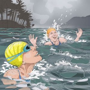 greetings card: 'She goes in, even in the winter' - wild swimming, Cumbria, open water swiming