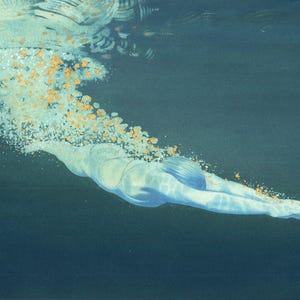 Art print - &#39;Bubbles I&#39; - from a painting by Nancy Farmer. Open water swimming, wild swimming. Underwater swimmer.
