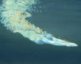 Art print - 'Bubbles I' - from a painting by Nancy Farmer. Open water swimming, wild swimming. Underwater swimmer.
