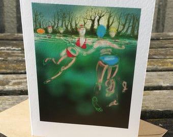 greetings card: winter swimming, &#39;Last Swim of 2015&#39;, outdoor swimming, triathlon. Drawing by Nancy Farmer