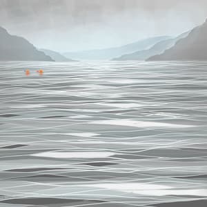 May include: A digital painting of a calm, gray lake with two small orange buoys floating on the surface. The lake is surrounded by mountains in the distance, and the sky is overcast.