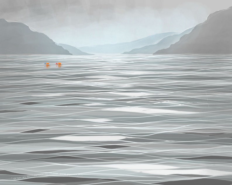 Two friends in the distance swimming in Ullswater, Cumbria, from Glencoyne Bay. Drawing of the Lake District by Nancy Farmer in soft grey tones