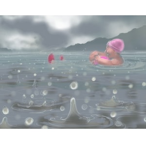 cartão de felicitações: nadando na chuva Cumbria - 'Ullswater, Bejewelled'. Natação em águas abertas, nadadores engraçados